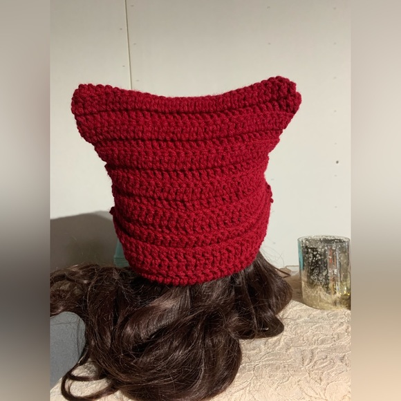 ❌SOLD😻Handmade Dark Red Cat Beanie Hat - Picture 4 of 5
